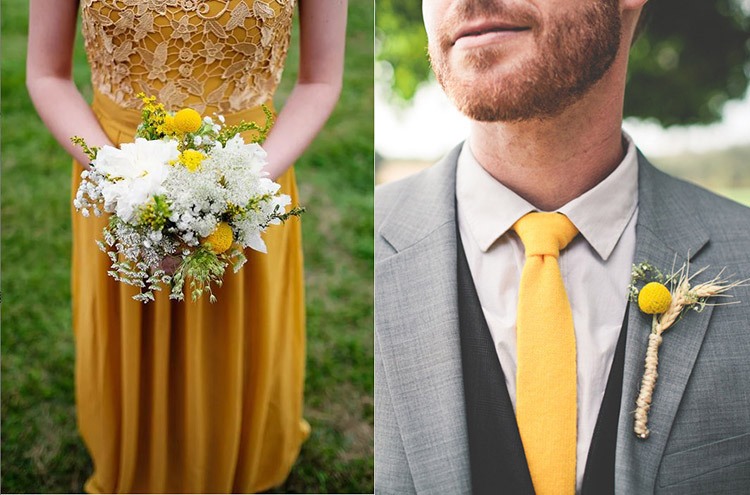 Образы жениха и невесты на свадьбе в желто-горчичном цвете